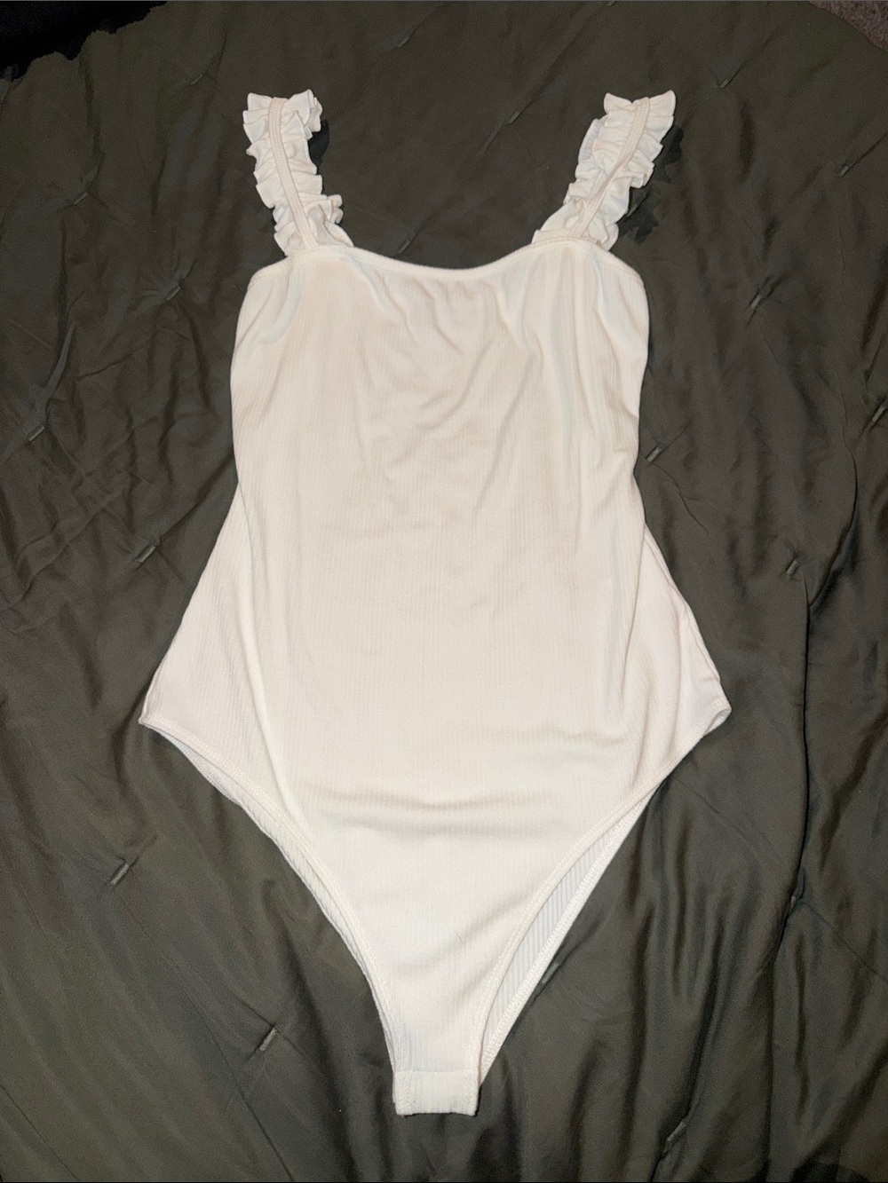 Petal & Pup Heidi White Ruffle-Strap Ribbed Bodysuit